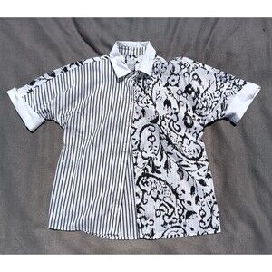 Chico’s Size 1 Cuffed Sleeve Black & White Floral & Stripe Button‑Up Collared To